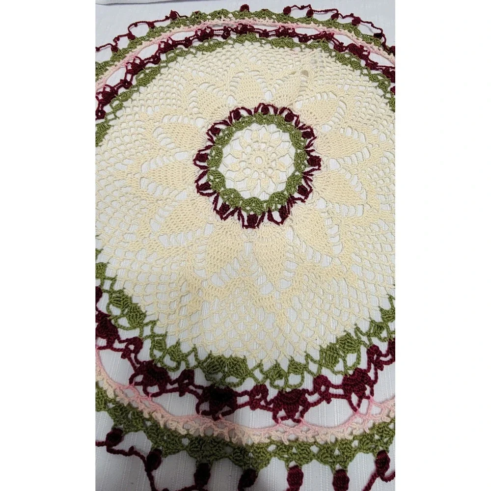 Doily Set 3pc Cream Burgundy Green Pink Floral Round Vintage Handmade Crochet